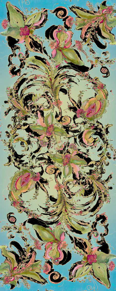 Garden Ribbon Black Turquoise Fabric